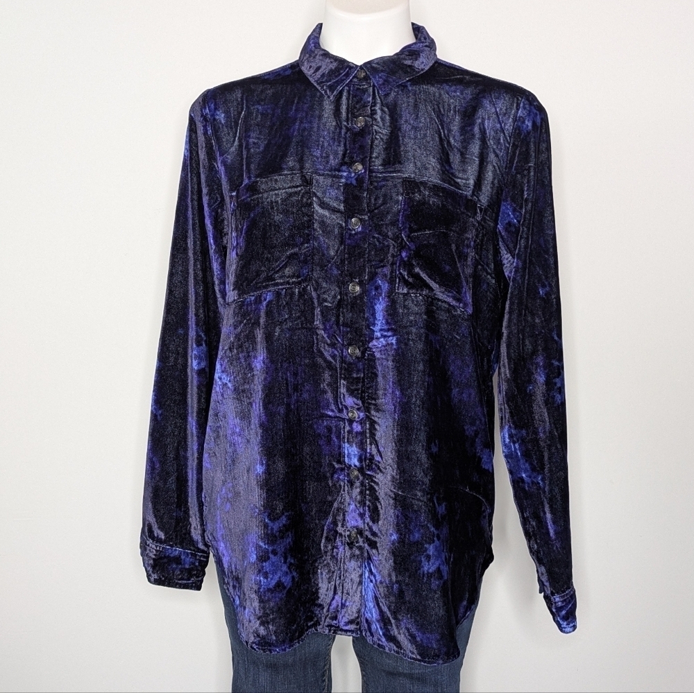 Anthro Pilcro Mara Blue Relaxed Velvet Collared Long Sleeve Button Up Top 6